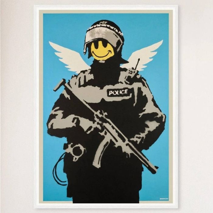 Galrie Banksy Flying Copper Art Print - Iconic 2003 Artwork on Museum-Quality Paper, White Frame, A1 60 x 84cm (23 x 33inch)