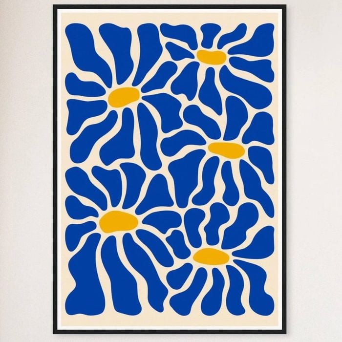 Galrie Vibrant Blue Flowers - Matisse Inspired Abstract Art Print for Home Decor, Black Frame, A3 30 x 42cm (12 x 16inch)
