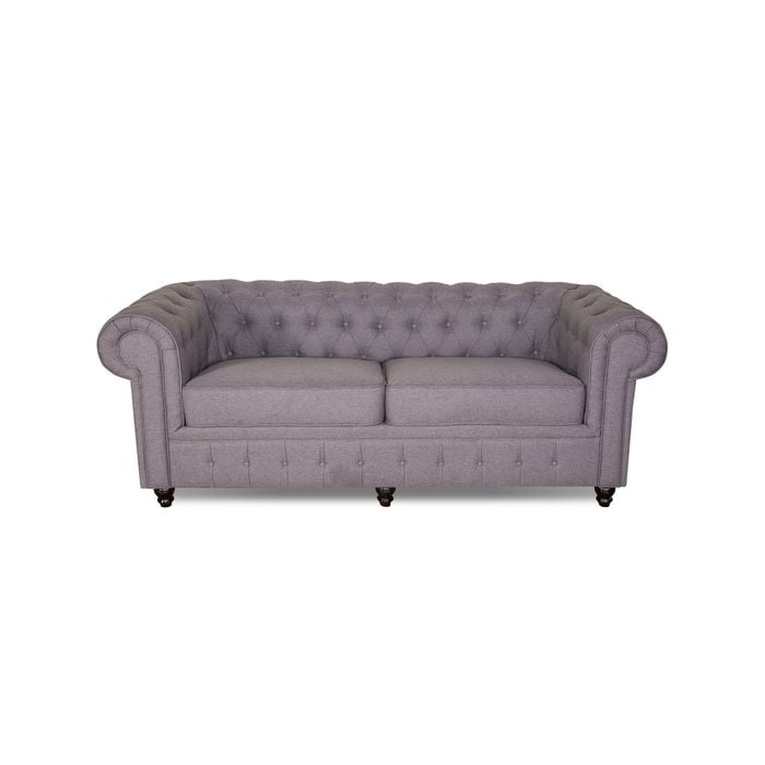 Cleo 3 Seater Linen Fabric Sofa Grey Colour Chesterfield Design