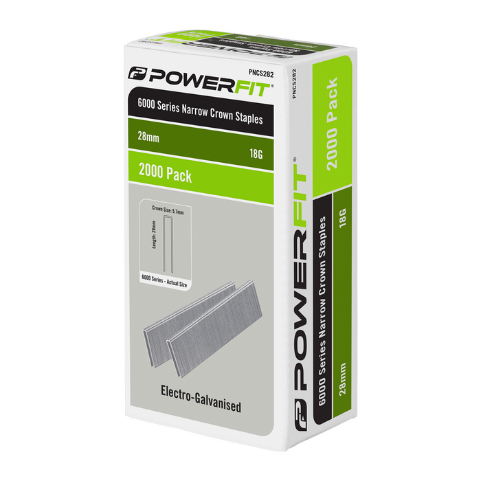 PowerFit 28mm 6000 Series Electro-Galvanised Narrow Crown Staples - 2,000 Pack