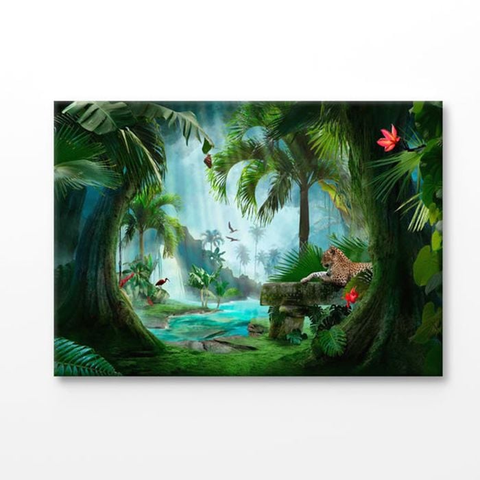 Jaguar & Birds in Jungle  Print 100% Australian Made 150x100cm (Stretched Canvas)