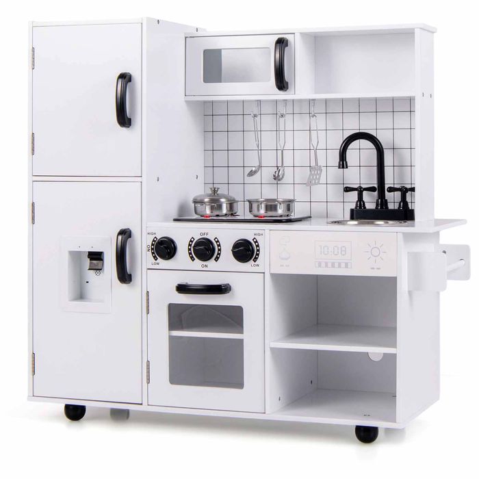 Costway Kid Play Kitchen Wooden Playset Pretend Water Dispenser Microwave