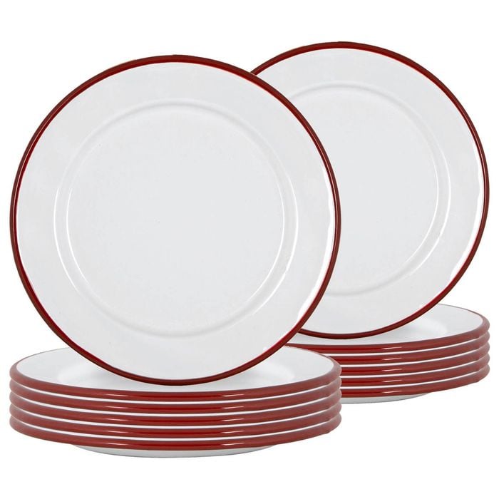 Argon Tableware 20cm Enamel Side Plates - Red Rim - Set Of 12 - 8inch Small Dish Plates Metal Enamel Tableware Dinner Set