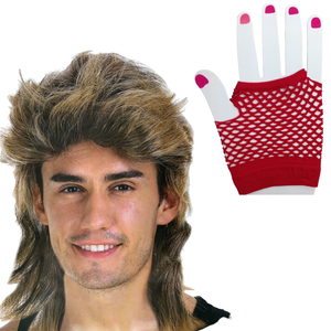 2Pcs Set Golden Blonde Bullet Wig + Fishnet Gloves 70s 80s Wos Costume Party Red One-Size