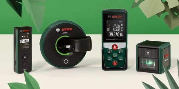 Bosch green measuring range all up on display with a green backdrop
