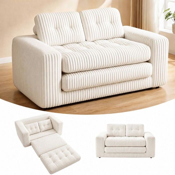 Advwin Folding Sofa Bed 2 in 1 Convertible Floor Loveseat Sofa Fold Out Corduroy Sleeper Couch w/ 2 Pillows Beige