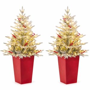 Costway 2x Snow Flocked Entrance Christmas Tree Pre-lit Holiday Decoration Red Berries