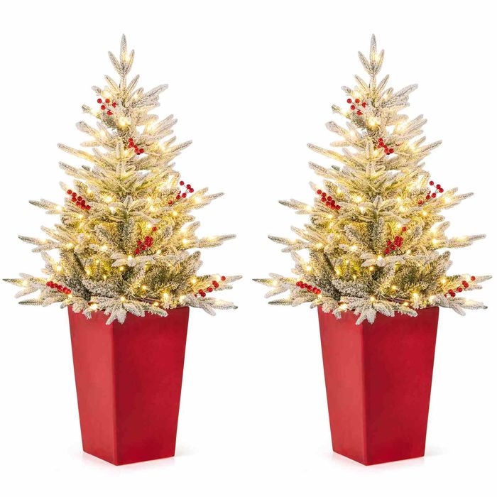 Costway 2x Snow Flocked Entrance Christmas Tree Pre-lit Holiday Decoration Red Berries