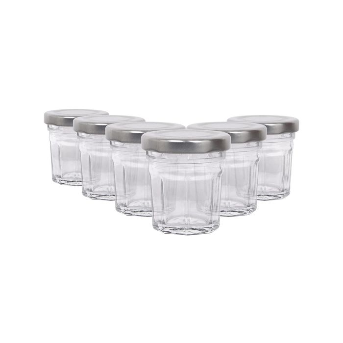 Argon Tableware 30ml Glass Jam Jars With Airtight Silver Lids - Set Of 6 Empty Screw Top Kitchen Storage Preserving Jar