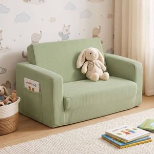 HOMFURN 2-in-1 Kids Flip-Open Sofa Bed, Corduroy Fabric with Side Pocket, Light Green, No Assembly Needed
