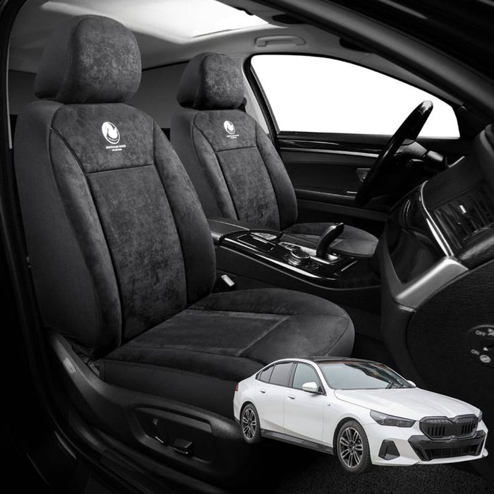 Australian Goose Edition Front Seat Covers for BMW 5 Series 2017 - 2023 (G30 G31 G38) - Suede, Universal Fit - Black