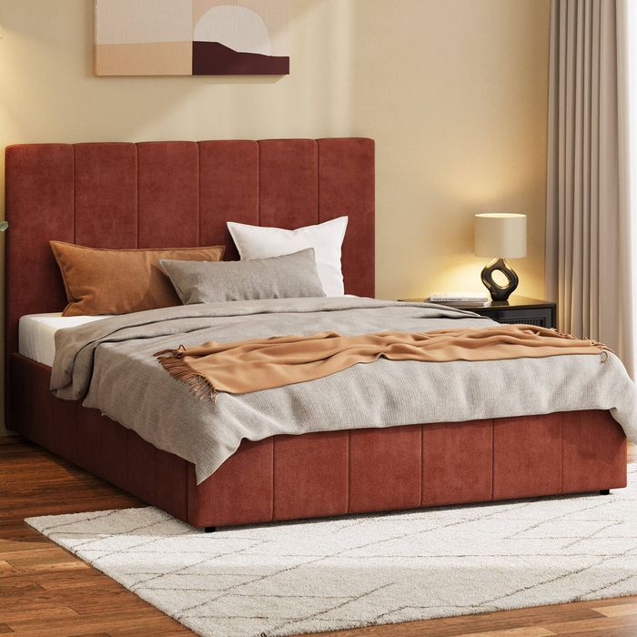 Oikiture Bed Frame Double Size Beds Gas Lift Mattress Base Fluted Headboard Rust