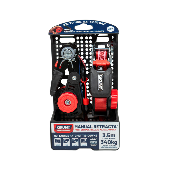 Grunt 25mm x 3.5m Retractable Tie Down Ratchet - 2 Pack
