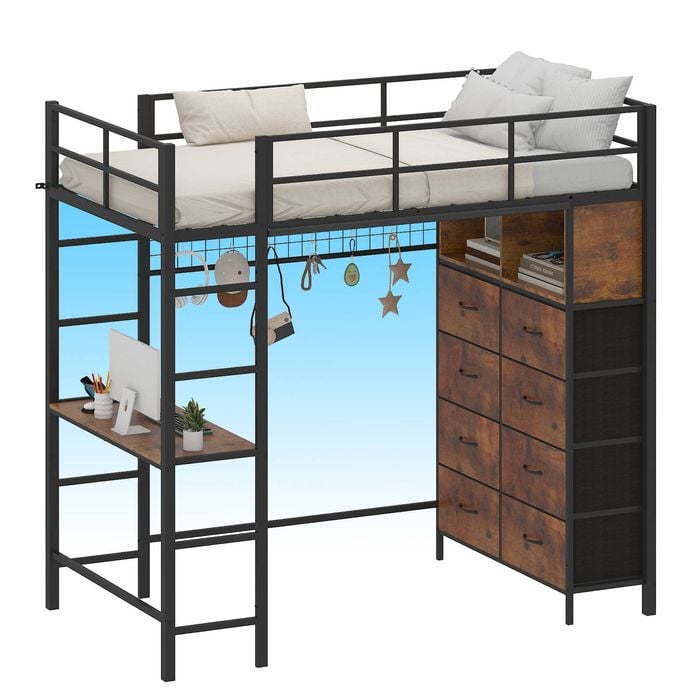 Advwin Metal Loft Bed Frame With Led & Desk & Charging Station & Storage, Black