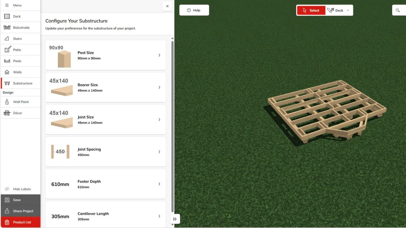 A computer screen image with information on configuring your sub structure for decking.