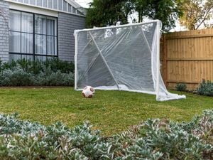 diy soccer goal in front yard of house with soccer ball on lawn