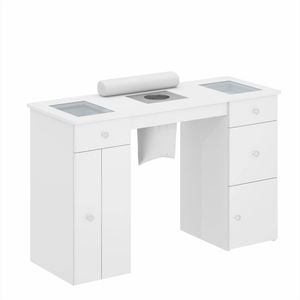 Advwin Vanity Desk Manicure Table with Dust Collector Glass Top Acetone Resistant Drawers Shelves White