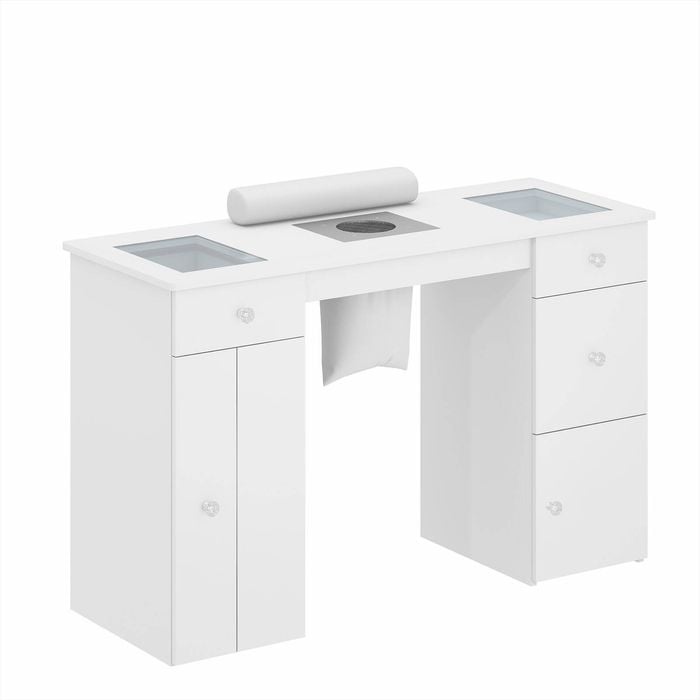Advwin Vanity Desk Manicure Table with Dust Collector Glass Top Acetone Resistant Drawers Shelves White