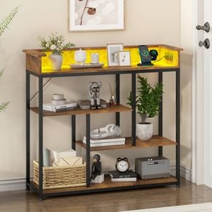 Advwin 100cm LED Console Table w/ Charging Station 3 Tier Hallway Table Walnut