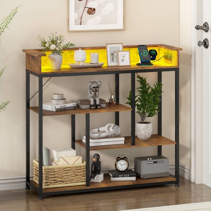 Advwin 100cm LED Console Table w/ Charging Station 3 Tier Hallway Table Walnut