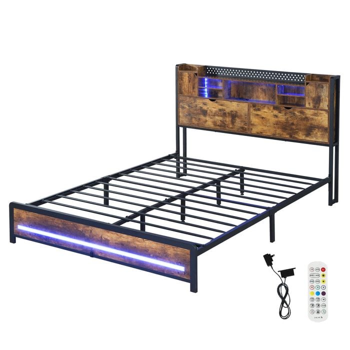 Levede Double Size Industrial Bed Frame with LED Charging Station and Storage Bedhead