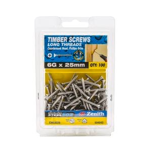 Zenith 6G x 25mm Stainless Steel Long Thread Countersunk Head Screw - 100 Pack