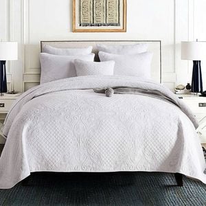100% Cotton Lightly Quilted Embroidery Coverlet Set Palazzo White King