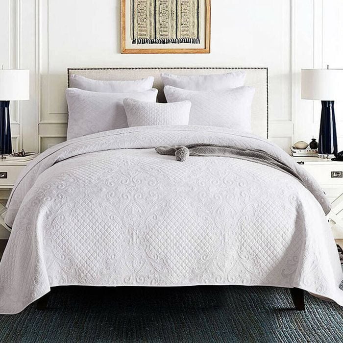 100% Cotton Lightly Quilted Embroidery Coverlet Set Palazzo White King