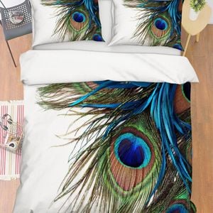 3D White Green Blue Peacock Feather Quilt Cover Set Bedding Set Pillowcases 13