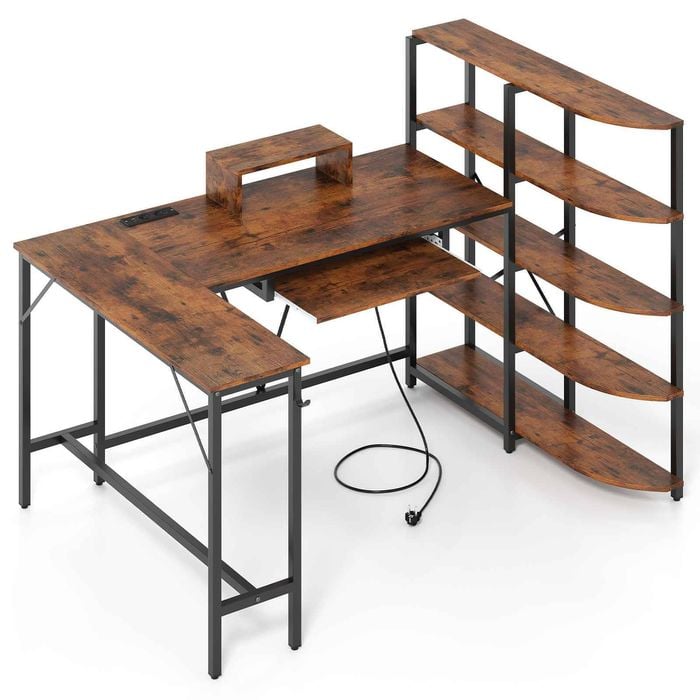 Costway L Shape Computer Desk Bookshelf Office Study Writing Table Brown