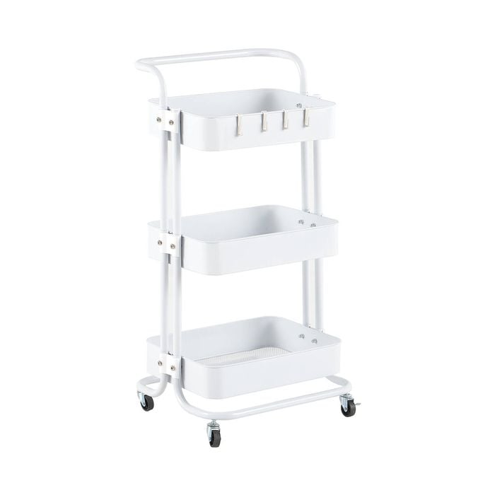 HOMFURN 3-Tier Rolling Utility Cart – Metal Mesh Storage with Lockable Wheels & Side Hooks, for Kitchen Office Home