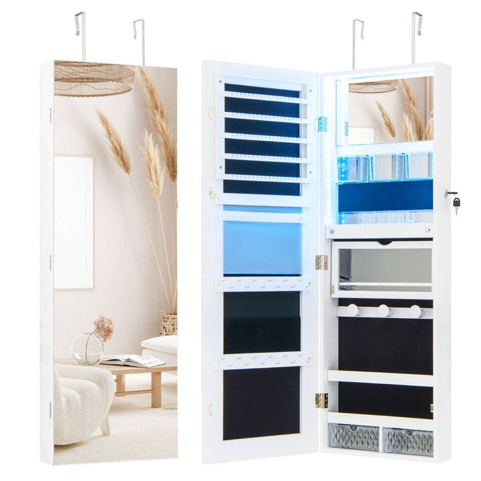 Costway Mirror Jewelry Cabinet Wall/door Lockable W/led Lights