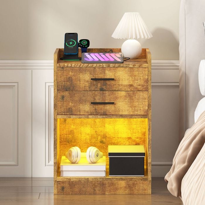 Advwin Led Bedside Table With Charging Station 2 Drawers Nightstand Brown