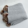 CottonMore Soft Acrylic Knitted Blanket Feather PomPom Throw Rug 130x160cm - Light Grey