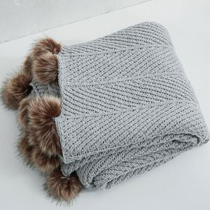 CottonMore Soft Acrylic Knitted Blanket Feather PomPom Throw Rug 130x160cm - Light Grey