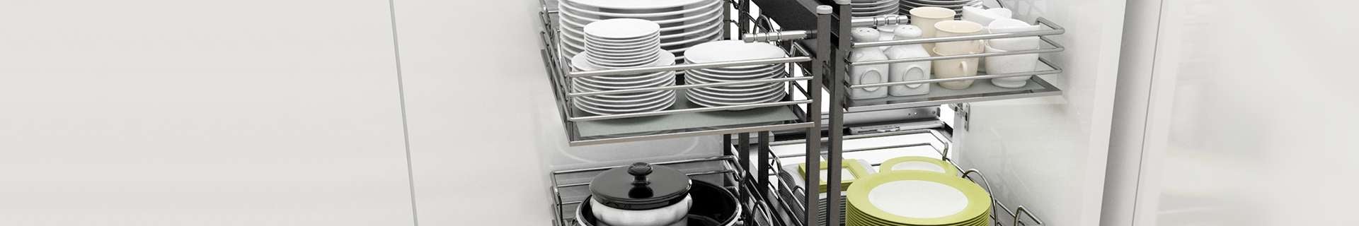 Crockery and kitchenware neatly stacked in kitchen cupboards using Rev-A-Shelf cupboard organisers