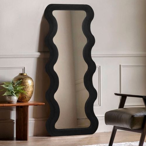 Best World 160cm x 60cm Wavy Teddy Velvet Full Length Mirror Black Frame