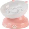Slow Feeder Cat Bowl, Elevated Ceramic Cat Bowl Tilted Design Slow Feeder for Dog and Cat for Dry and Wet Food, Pink & White