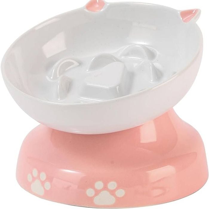 Slow Feeder Cat Bowl, Elevated Ceramic Cat Bowl Tilted Design Slow Feeder for Dog and Cat for Dry and Wet Food, Pink & White