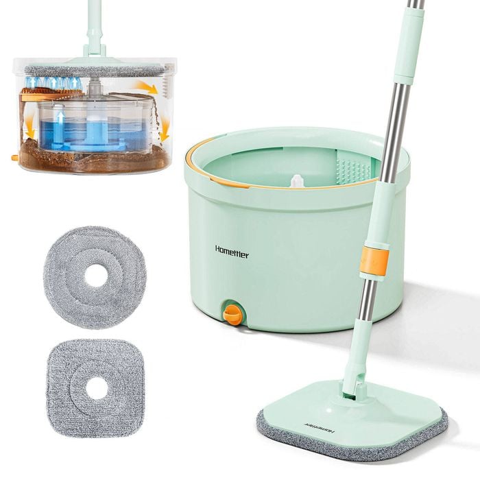 Premium Microfiber Round Mop Bucket Set w/ Clean & Dirty Water Separation 360 Degree Light Green