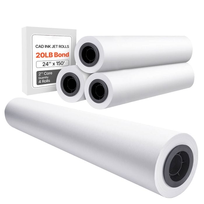 Vevor 609.6 Mm X 45.7 M Wide Format Paper White 4 Rolls Cad Bond Rolls With 50.8 Mm Core 10 Kg