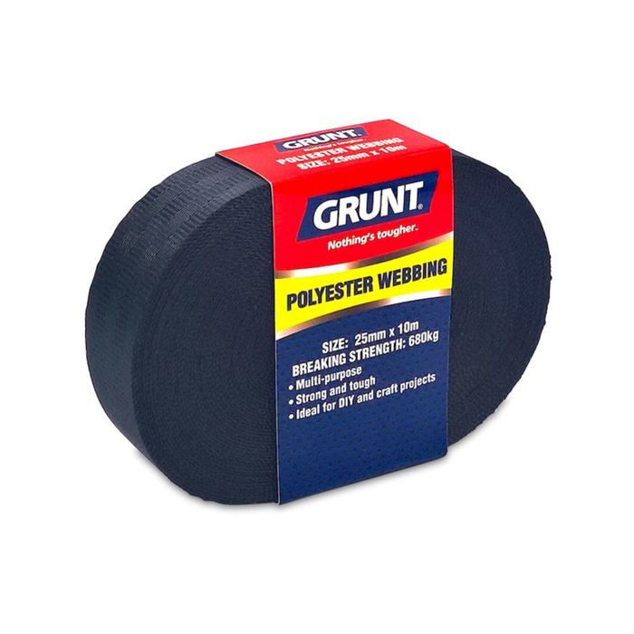 GRUNT 25mm x 10m Heavy Duty Black Polyester Webbing
