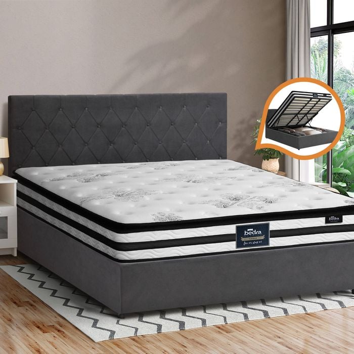 Oikiture Bed Frame King Size Gas Lift Beds with Mattress COTI