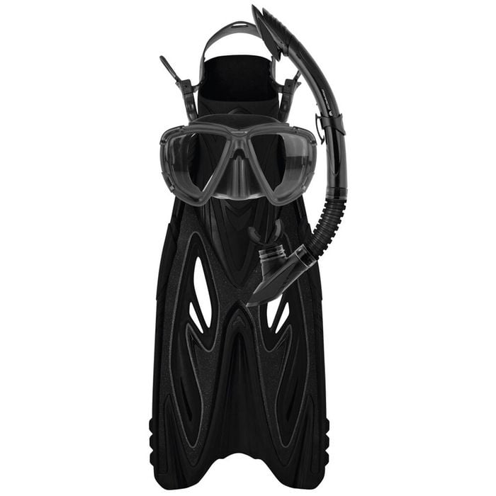 4pc Mirage Rayzor Gold Snorkelling Mask/Snorkel/Fins Set S/M Black