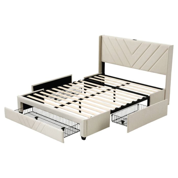 Artiss Queen Bed Frame with Charging Station Beige