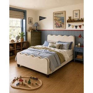 Hide & Seek Kids Polly Scalloped Upholstered Kids Bed - Cream, Double