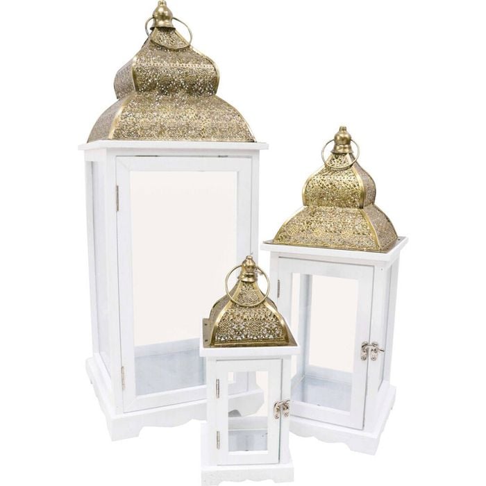 3pc LVD Wooden Metal/Glass Lanterns Kaylah Set 25x69cm/20x50cm/14x35cm White
