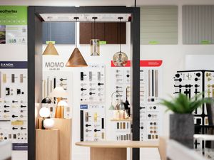 An image showcasing a variety of door handles and interior designs at the Bunnings Trade Solutions Studio