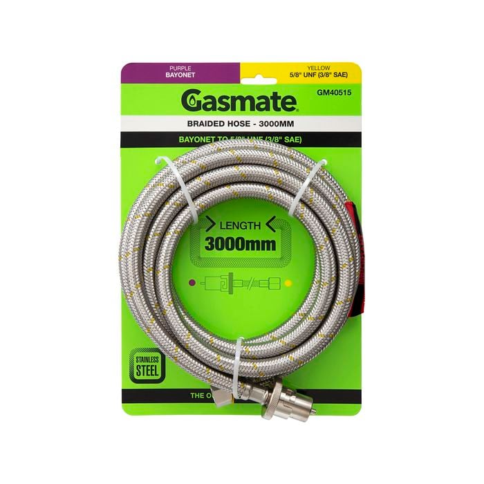 Gasmate Braided Hose - 3000mm - Bayonet to 5/8" UNF (3/8" SAE)