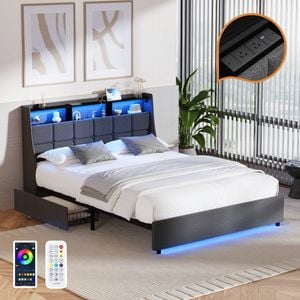 Oikiture Bed Frame Double Size with Storage Drawers & Charging Station LED Light Headboard